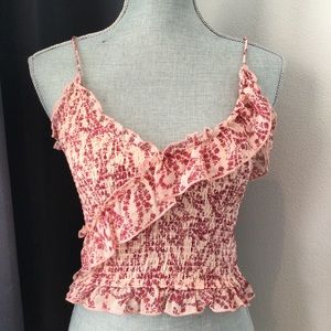 Olivaceous Ruffle V-neck Tank, Size Small (S) - USED, Pink/Red Floral Pattern